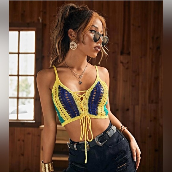 SHEIN Tops - SHEIN Colorblock Knit Lace-up Front Crochet Cover Up SZ XL Yellow Blue Crop Top